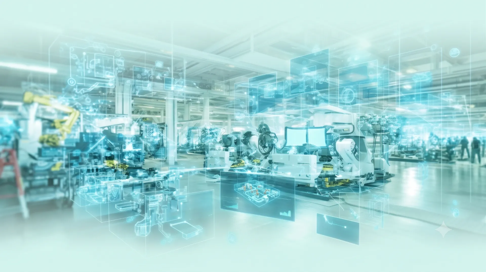 Digitaler Zwilling einer Fabrikhalle mit Fördertechnik- und Betriebsdaten-Overlay
