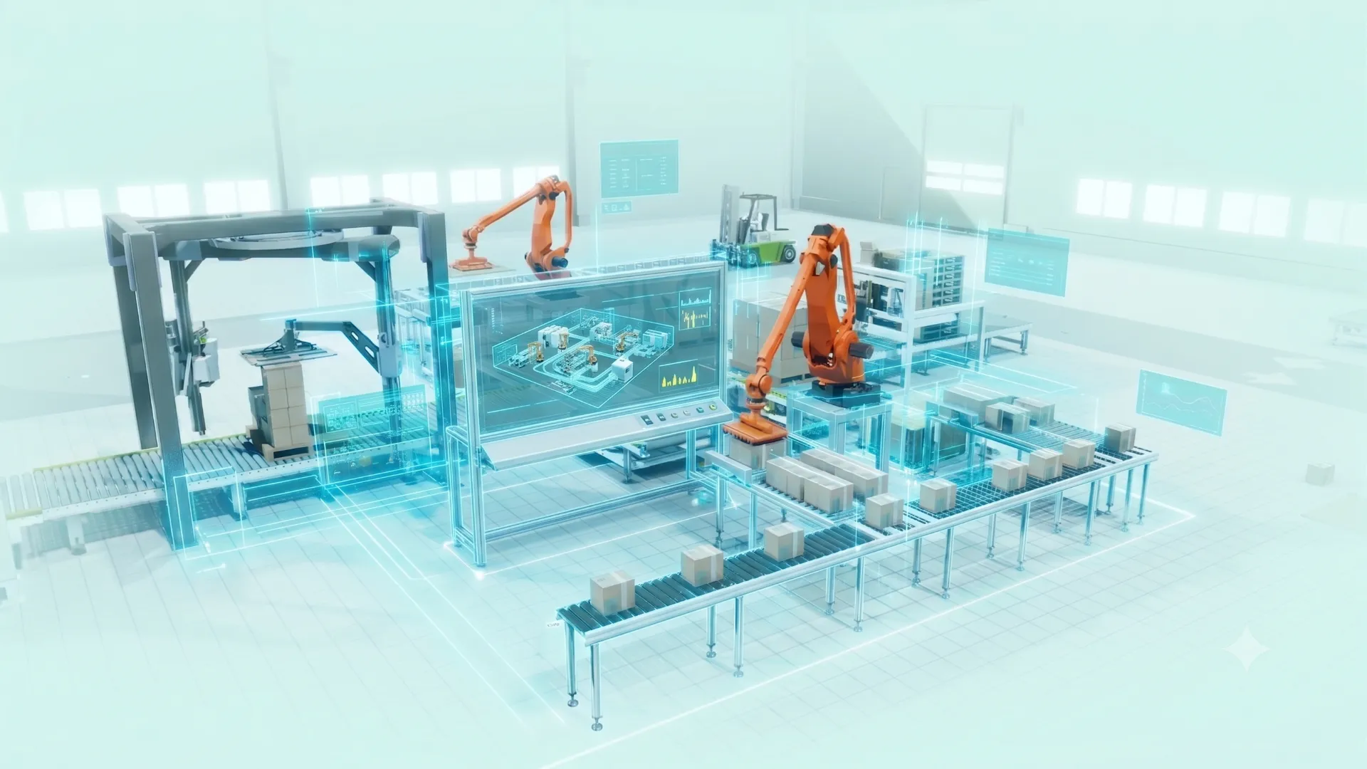 Virtuelle Fabrikhalle mit simulierter Produktionsoptimierung