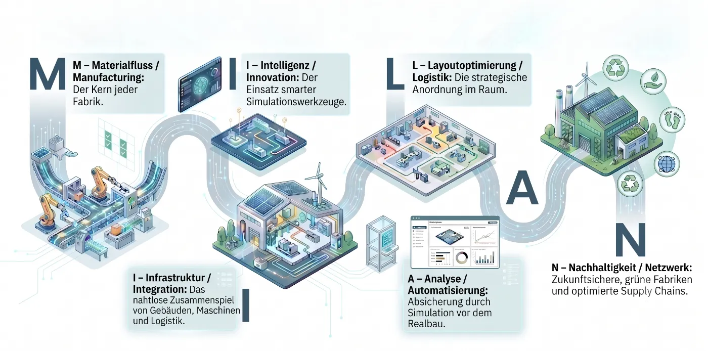MIILAN-Prinzip: Materialfluss & Manufacturing, Intelligenz & Innovation, Infrastruktur & Integration, Layoutoptimierung & Logistik, Analyse & Automatisierung, Nachhaltigkeit & Netzwerk